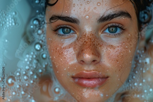 Close-up of a young woman's face with water droplets, showing clarity and purity