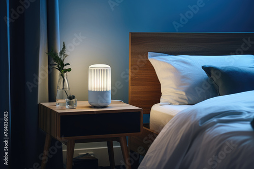 Modern air purifier on side table in cozy bedroom at night