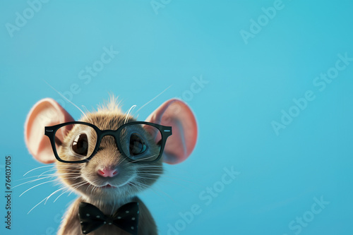 nerdy mouse wearing glasses and bowtie isolated on plain blue studio background frame with empty text space