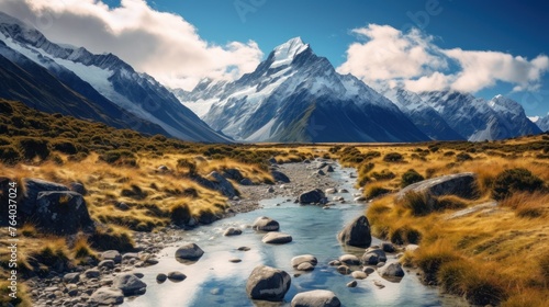 Beautiful landscape panorama view of Mt.cook, south island, AI generated photo