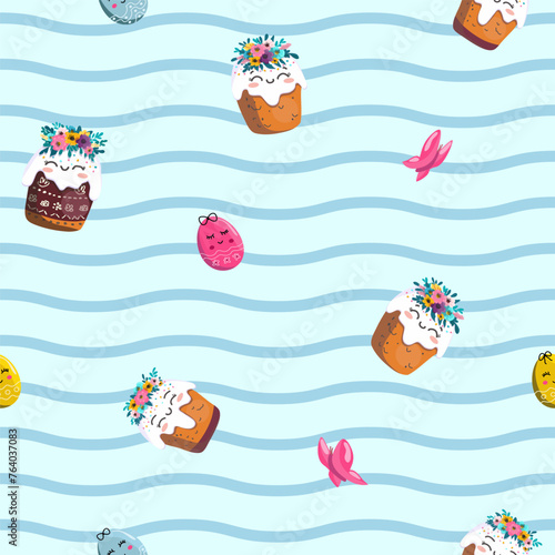 Easter kulich with a wreath of flowers. On light background for cards, banners, textiles. Vector illustration.