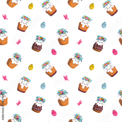 Easter kulich with a wreath of flowers. On light background for cards, banners, textiles. Vector illustration.
