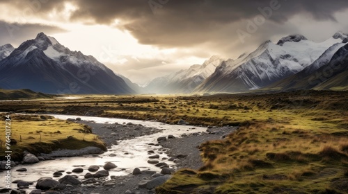 Beautiful landscape panorama view of Mt.cook, south island, AI generated