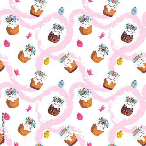 Easter kulich with a wreath of flowers. On light background for cards, banners, textiles. Vector illustration.