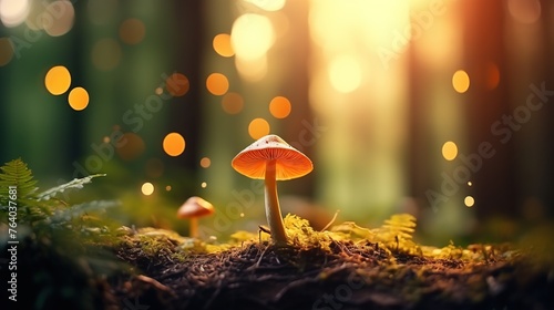 Beautiful mushrooms growing on the ground in the forest with smooth bokeh sun light. Selective focus image.