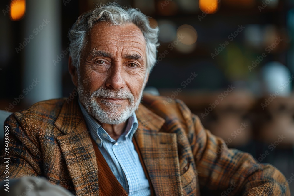 Well-dressed older man with a handsome, wise look in a warm, ambient setting Well-dressed older man with a handsome, wise look in a warm, ambient setting