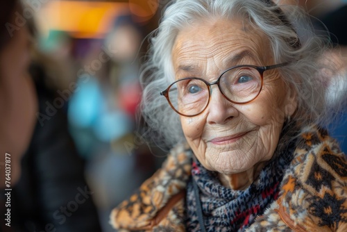 Close-up portrait of a cheerful senior woman with glasses in a colorful outfit
