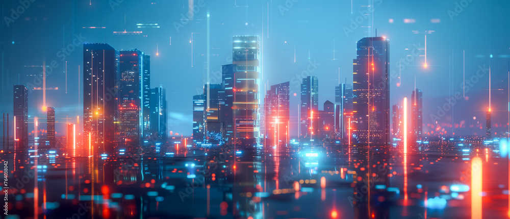 Neon lights reflect off skyscrapers in a digitalized cityscape. Neon lights reflect off skyscrapers in a digitalized cityscape.