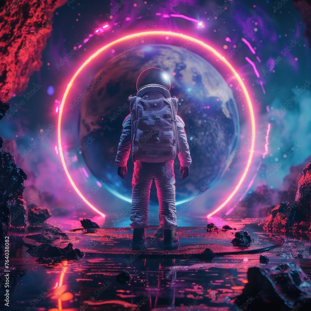 astronaut in a suit observing a portal style neon circle