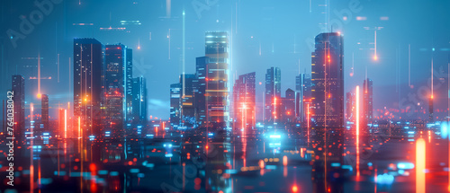 Neon lights reflect off skyscrapers in a digitalized cityscape. © TH_Stock