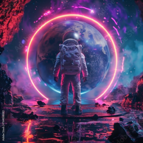 astronaut in a suit observing a portal style neon circle © Marco