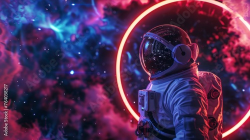 astronaut in a suit observing a portal style neon circle in space © Marco