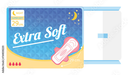 White sanitary napkin or pads package, feminine hygiene Menstrual blood product absorbers for night Hygiene ladies