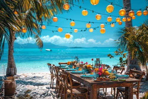 A vibrant tropical beach dining setup, inviting and brilliantly decorated with oceanic and holiday themes