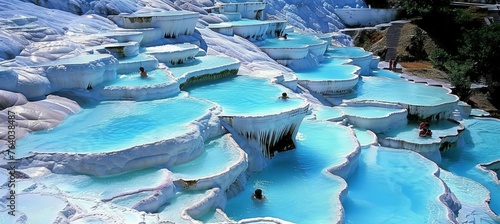 Soothing baby blue thermal waters in pamukkale, turkey   a serene oasis on white travertine terraces photo