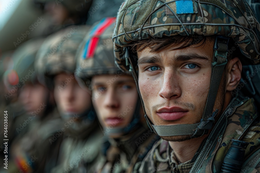 A young, intense soldier in military gear with a focused expression among his squad A young, intense soldier in military gear with a focused expression among his squad