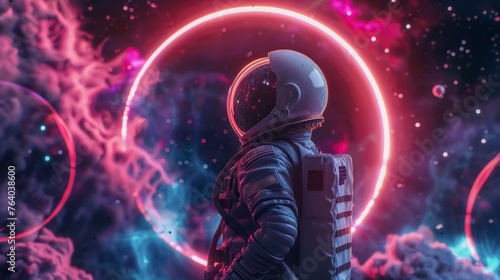 Astronaut in a suit observing a portal-style neon circle in space with neon clouds in high resolution and high quality. concept wallpaper, astronaut,neon