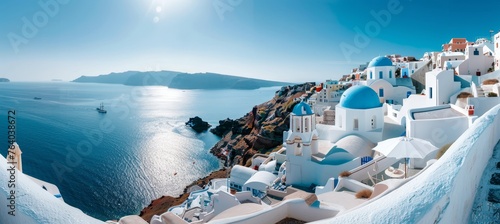 Santorini thira island greece daytime panorama fira and oia towns overlooking cliffs and beaches