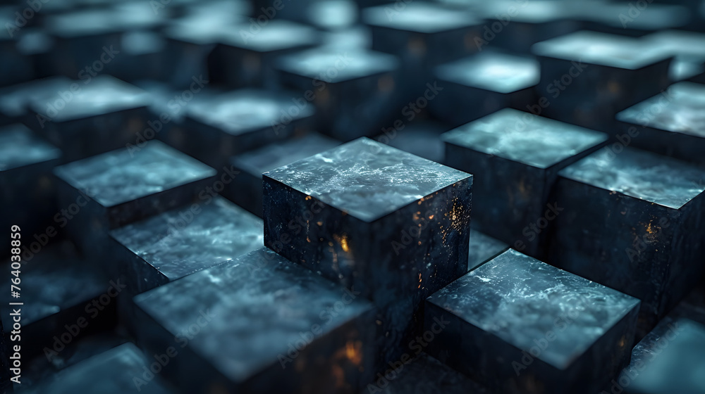 A captivating perspective of illuminated blue cubes organized in a symmetrical formation providing a sense of tranquility A captivating perspective of illuminated blue cubes organized in a symmetrical formation providing a sense of tranquility
