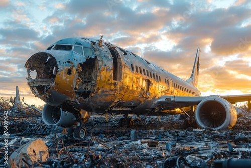 Golden hour lighting plays over the wreckage of an airplane post a fiery disaster, highlighting the ruined fuselage photo