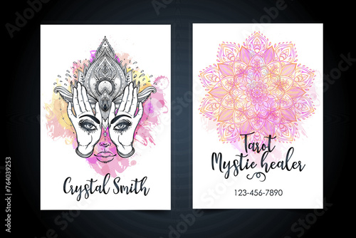 Fortune teller, spiritual coach, mystic healer business card design template. Vector illustration. Magic woman.