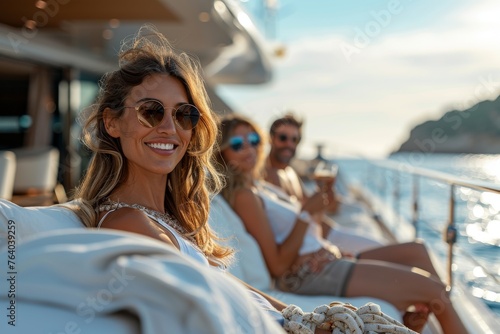 Happy group of young adults on a yacht trip, sipping drinks with coastal backdrop