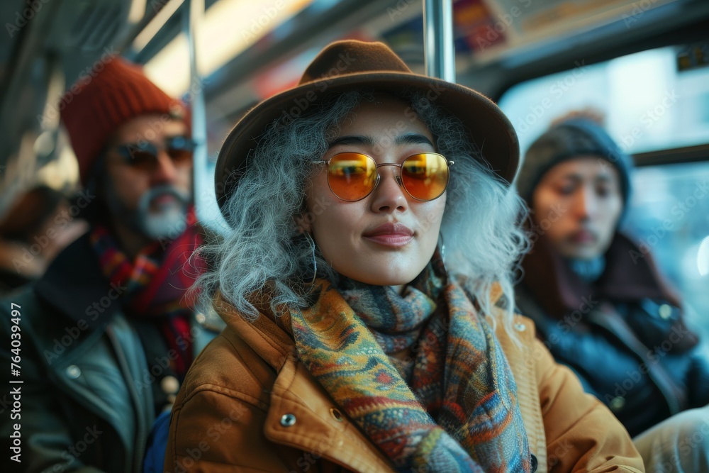 A fashionable young woman with a hat and reflective sunglasses sitting inside a bus, surrounded by other passengers A fashionable young woman with a hat and reflective sunglasses sitting inside a bus, surrounded by other passengers