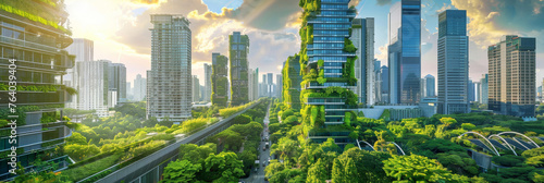 Eco-Friendly Urban Forest. Verdant green high-rises tower over an urban park, illustrating a harmonious blend of city living and eco-conscious design. photo