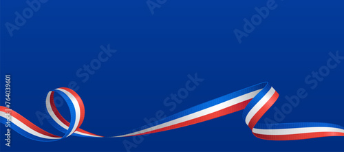 French flag ribbon. Curly ribbon on blue background. Vector illustration. photo