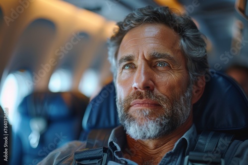 A somber looking man wearing a backpack and looking off into the distance while seated on an airplane