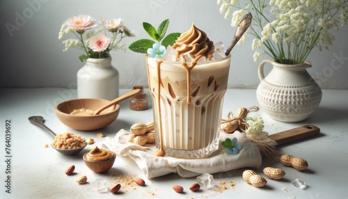 Ice Latte with Peanut Butter and Flowers on White Marble Countertop photo