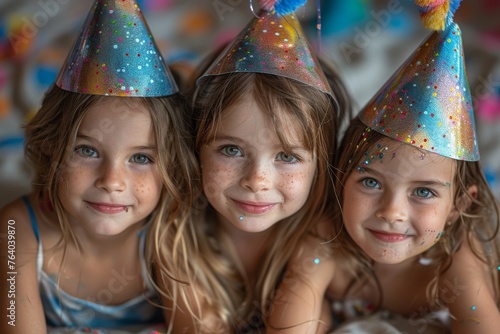 Three happy kids with glitter on their faces wearing sparkly party hats having fun at a celebration