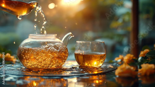 Fresh tea pours into a glass.