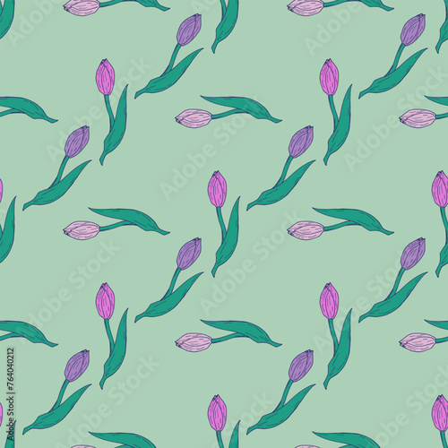 Seamless pattern with violet and pink tulips on light green background. Vector image.