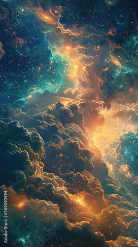 Expansive cosmic cloudscape with brilliant colors - An expansive digital painting of cosmic clouds and stars with brilliant colors creating a sense of infinite space