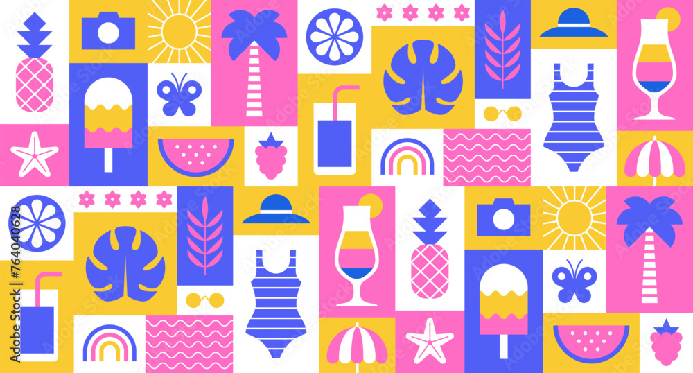 Colorful summer seamless pattern, geometric background with symbols and icons in blocks. Colorful summer seamless pattern, geometric background with symbols and icons in blocks.