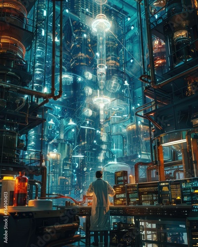 Sci-fi industrial city interior concept art - An atmospheric digital drawing showing the interior of a highly detailed, industrial sci-fi city with a futuristic vibe