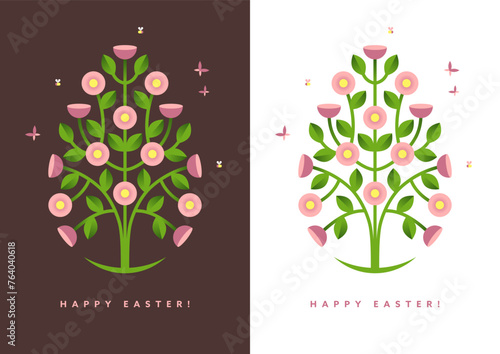 Easter floral greeting card, banner or poster design with an abstract blooming flower, blossom tree illustration in a shape of egg.