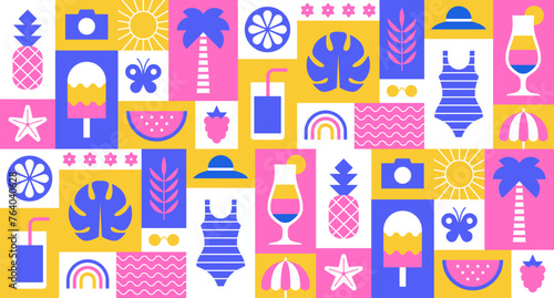 Colorful summer seamless pattern, geometric background with symbols and icons in blocks.