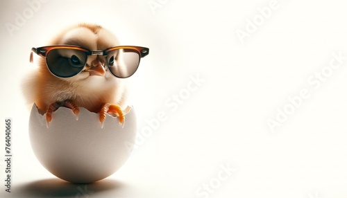 Charming Chick with Sunglasses Perched on Egg in Studio Shot