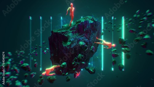 A surreal abstract looping sequence featuring a group of figures wearing skin tight suits and dancing on a floating rock formation, with meteors and pulsating neon lights. photo