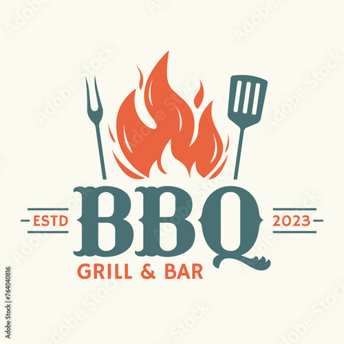 BBQ logo. Barbecue, grill icon or label with fire flame. Meat restaurant, steak house design element. Vector illustration.