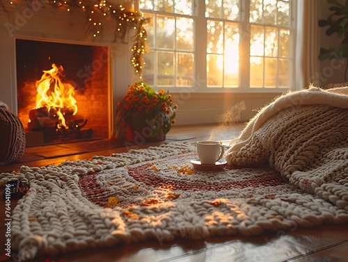A warm, inviting living room with a crackling fireplace, soft blankets, and a steaming mug of tea, bathed in golden light