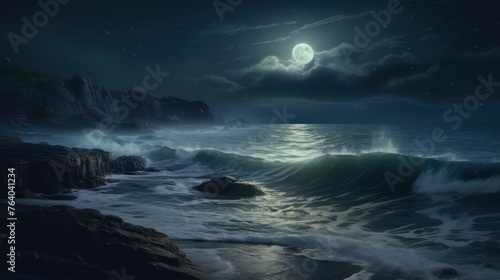 A dark luministic painting showing large waves crashing on a full moon coastline