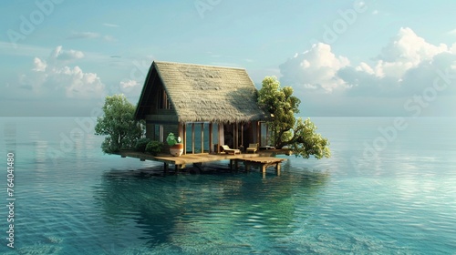 An imaginative 3D scene of a floating bungalow over crystal-clear waters capturing the dream of an idyllic retreat from the hustle and bustle