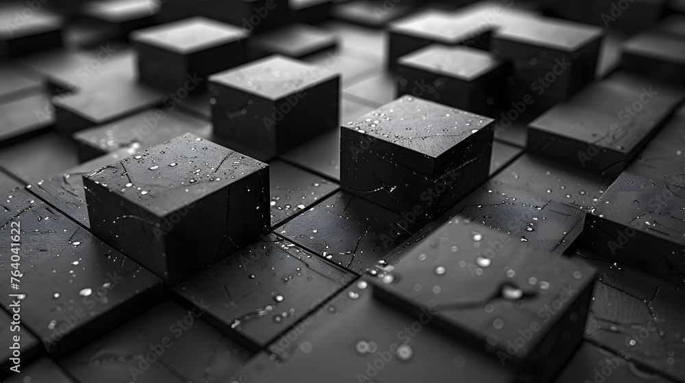 An arrangement of 3D black cubes with reflective surfaces adorned with water droplets under dim lighting - obrazy, fototapety, plakaty 