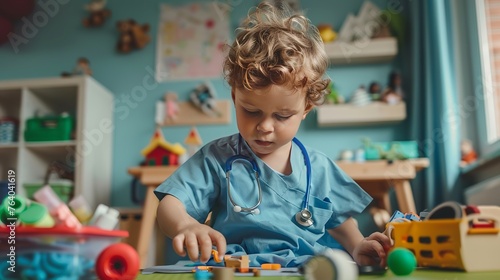 A cute kid dressed as a doctor is playing with a toy.