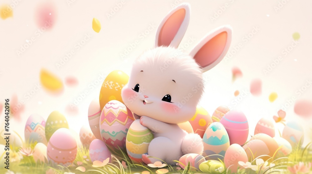 Obraz premium White Bunny Sitting on Top of Pile of Eggs Generative AI
