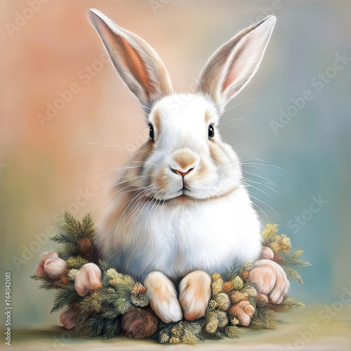 a funny cute rabbit sits in a basket of flowers and branches. a fluffy rabbit with long ears sits among flowers in pastel colors © Marina