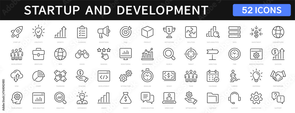 Startup and development thin line icons set. Development editable stroke icon. Start up symbols collection. Vector illustration